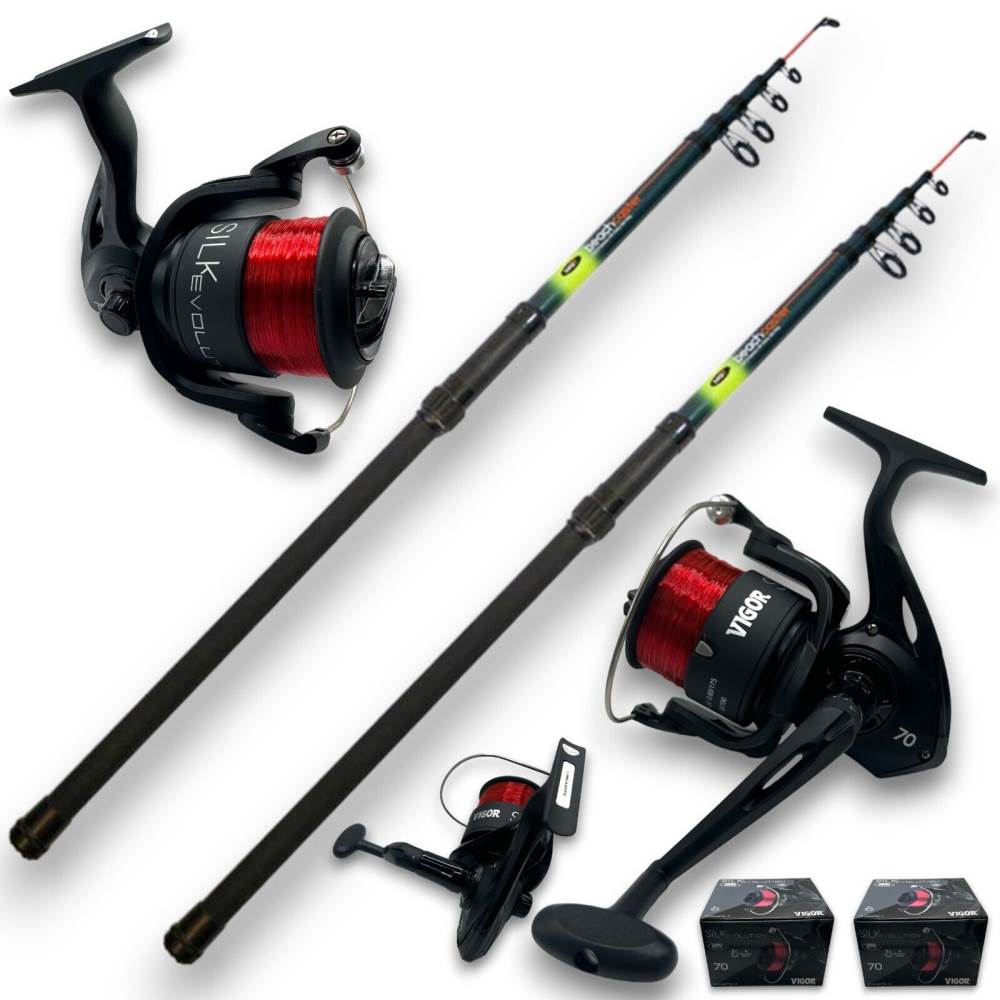 X 12FT TELESCOPIC BEACHCASTER RODS AND SILK 70 REELS SET SEA